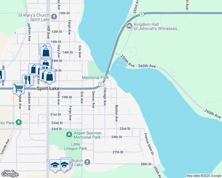 map of restaurants, bars, coffee shops, grocery stores, and more near 1701 Bridgeport Lane in Spirit Lake