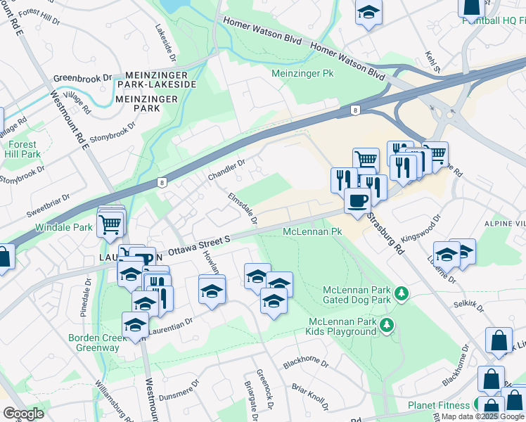 map of restaurants, bars, coffee shops, grocery stores, and more near 10 Palace Street in Kitchener