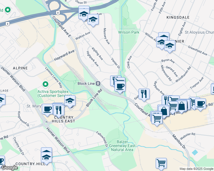 map of restaurants, bars, coffee shops, grocery stores, and more near in Kitchener