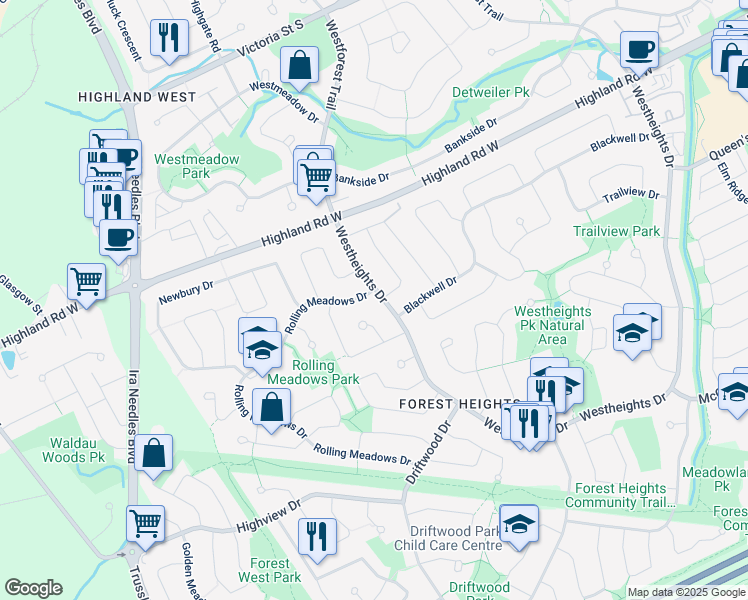 map of restaurants, bars, coffee shops, grocery stores, and more near 222 Westview Court in Kitchener