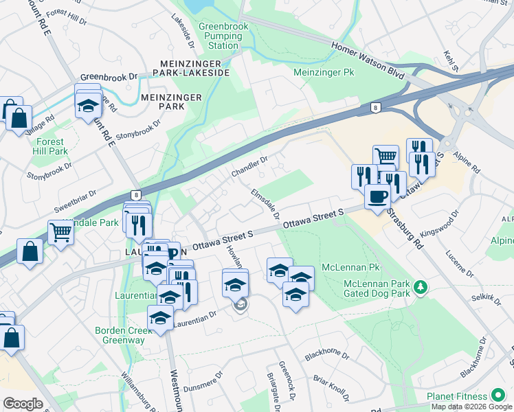 map of restaurants, bars, coffee shops, grocery stores, and more near 60 Elmsdale Drive in Kitchener