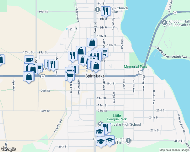 map of restaurants, bars, coffee shops, grocery stores, and more near in Spirit Lake