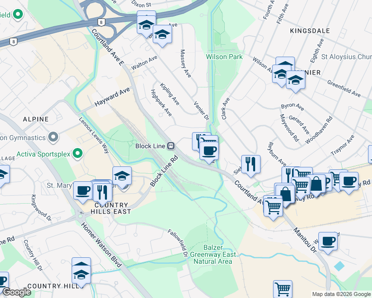 map of restaurants, bars, coffee shops, grocery stores, and more near 1100 Courtland Avenue East in Kitchener