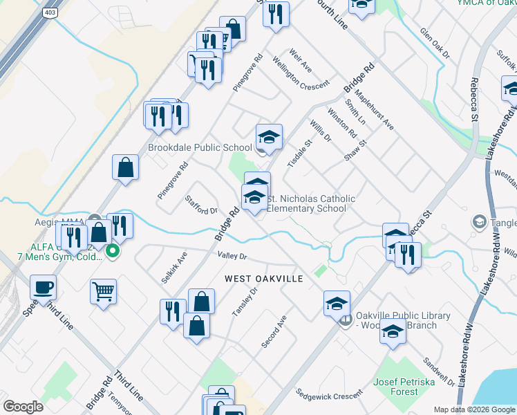 map of restaurants, bars, coffee shops, grocery stores, and more near 477 Warminster Drive in Oakville
