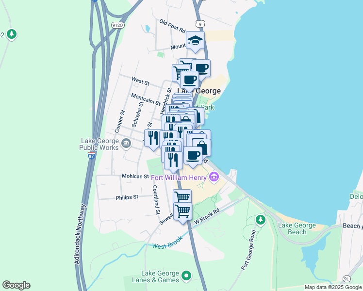 map of restaurants, bars, coffee shops, grocery stores, and more near 139 Beach Road in Lake George