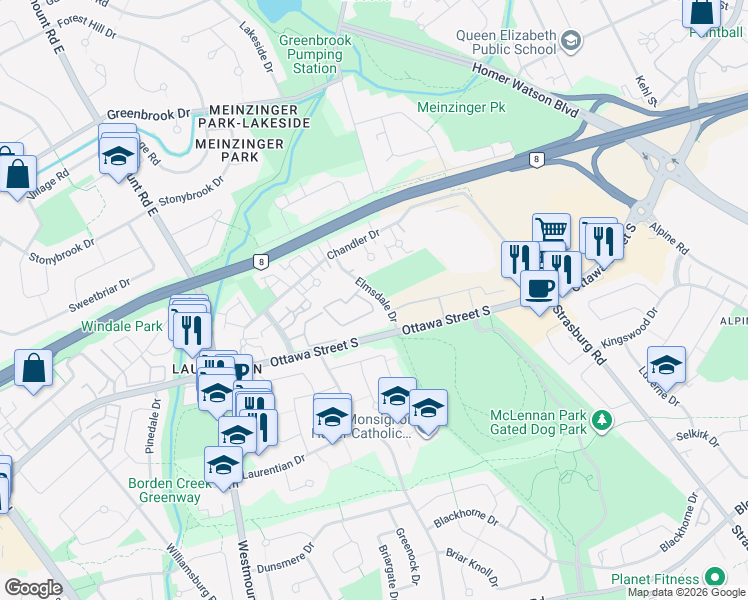 map of restaurants, bars, coffee shops, grocery stores, and more near in Kitchener