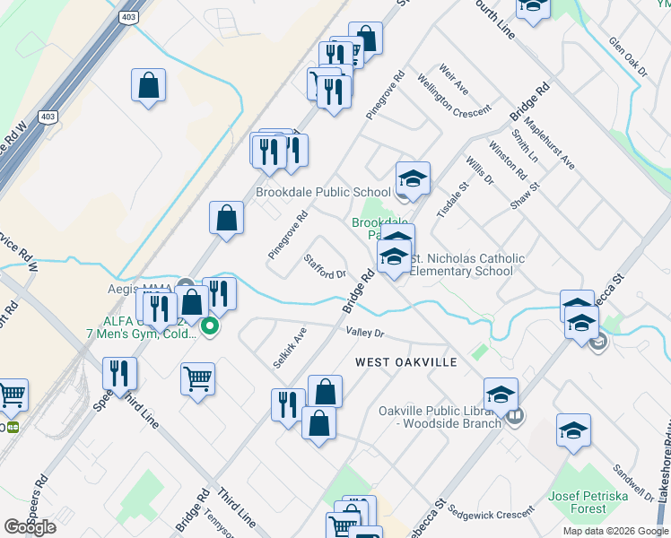 map of restaurants, bars, coffee shops, grocery stores, and more near 517 Stafford Drive in Oakville
