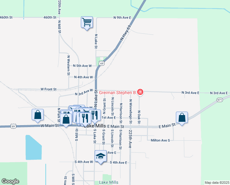 map of restaurants, bars, coffee shops, grocery stores, and more near 200-398 North Lincoln Street in Lake Mills