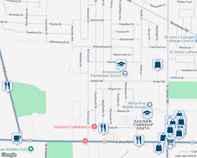map of restaurants, bars, coffee shops, grocery stores, and more near 1067 Allendale Drive in Saginaw