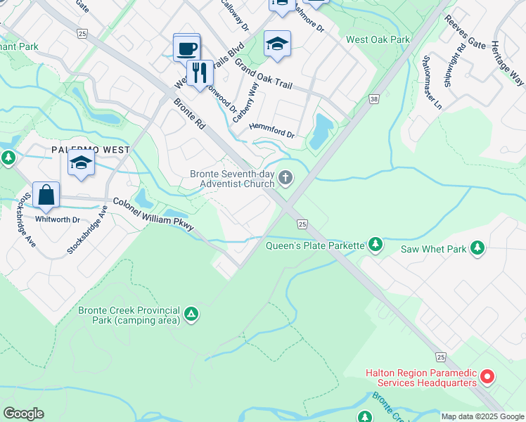map of restaurants, bars, coffee shops, grocery stores, and more near in Oakville