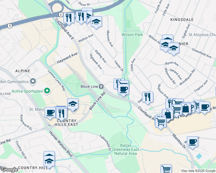 map of restaurants, bars, coffee shops, grocery stores, and more near 1100 Courtland Avenue East in Kitchener
