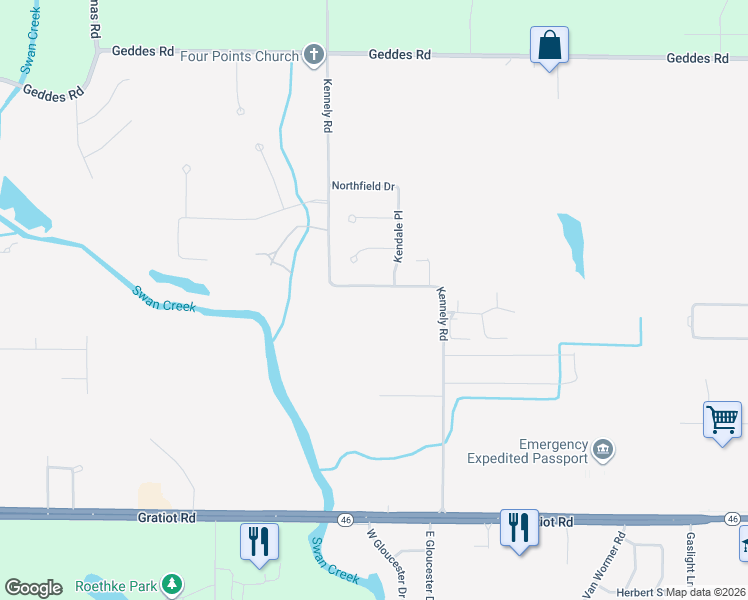 map of restaurants, bars, coffee shops, grocery stores, and more near 1025 Kendale Place in Saginaw