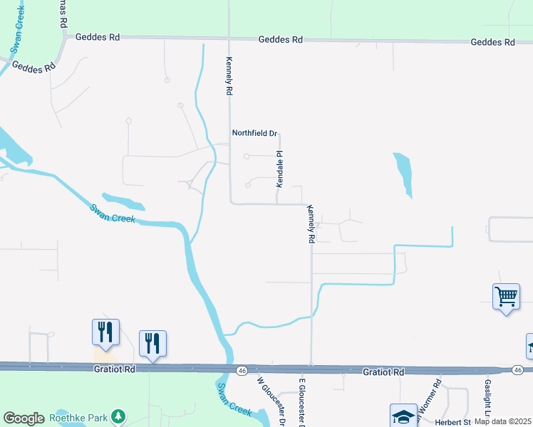 map of restaurants, bars, coffee shops, grocery stores, and more near 1025 Kendale Place in Saginaw