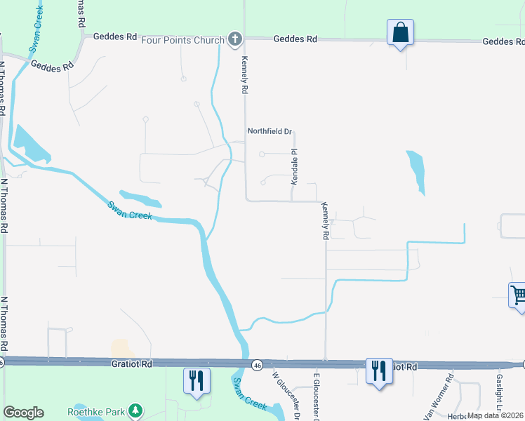 map of restaurants, bars, coffee shops, grocery stores, and more near 955 Kennely Road in Saginaw