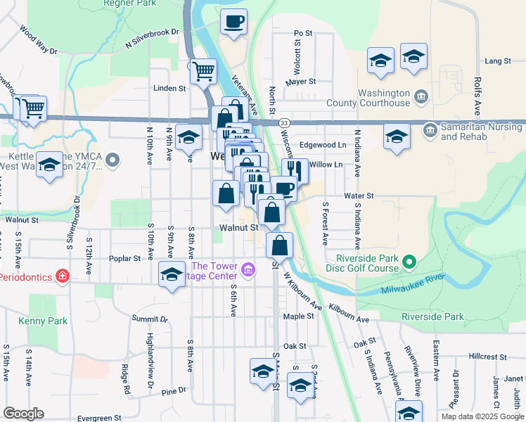 map of restaurants, bars, coffee shops, grocery stores, and more near 109 South Main Street in West Bend