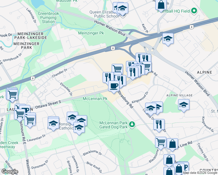 map of restaurants, bars, coffee shops, grocery stores, and more near 800 Ottawa St S in Kitchener