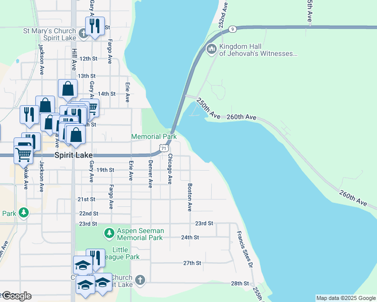 map of restaurants, bars, coffee shops, grocery stores, and more near 1701-1799 Bridgeport Ln in Spirit Lake