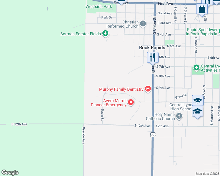 map of restaurants, bars, coffee shops, grocery stores, and more near 104 Davis Court in Rock Rapids