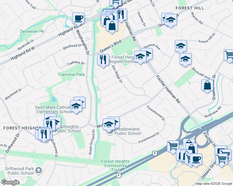 map of restaurants, bars, coffee shops, grocery stores, and more near 184 Silver Aspen Crescent in Kitchener