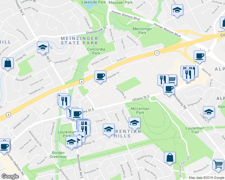 map of restaurants, bars, coffee shops, grocery stores, and more near 17 Elmsdale Drive in Kitchener