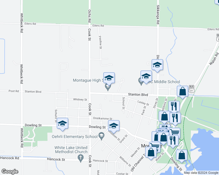 map of restaurants, bars, coffee shops, grocery stores, and more near 4900 Stanton Boulevard in Montague