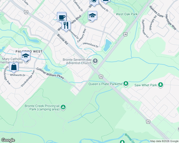 map of restaurants, bars, coffee shops, grocery stores, and more near 2019 Trawden Way in Oakville