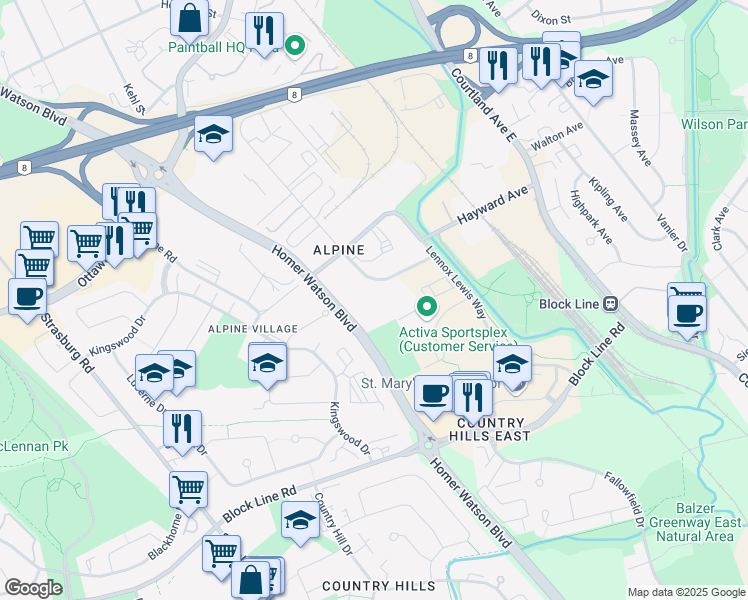 map of restaurants, bars, coffee shops, grocery stores, and more near 235 Ardelt Avenue in Kitchener