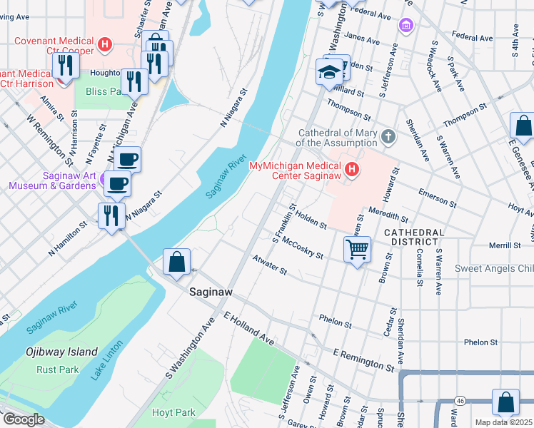 map of restaurants, bars, coffee shops, grocery stores, and more near Michigan 13 in Saginaw