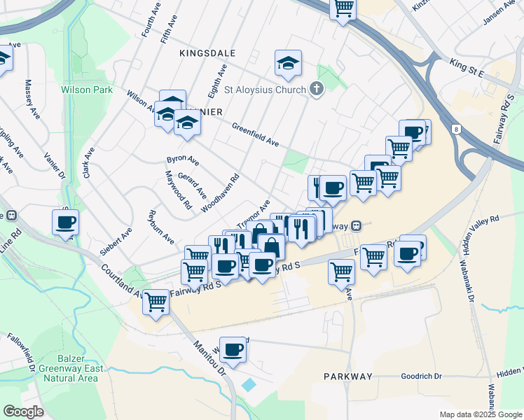 map of restaurants, bars, coffee shops, grocery stores, and more near Traynor Avenue in Kitchener