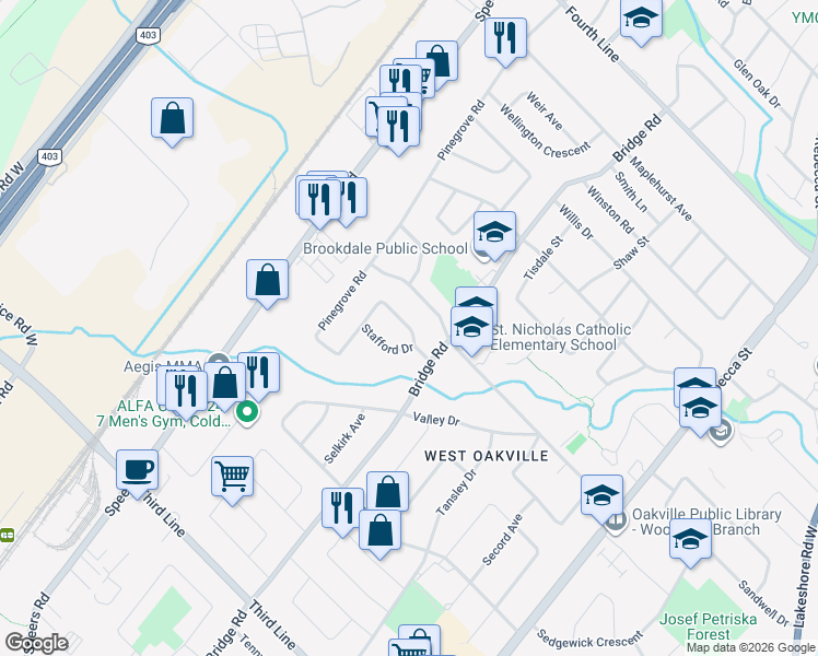 map of restaurants, bars, coffee shops, grocery stores, and more near Sandbrook Road in Oakville