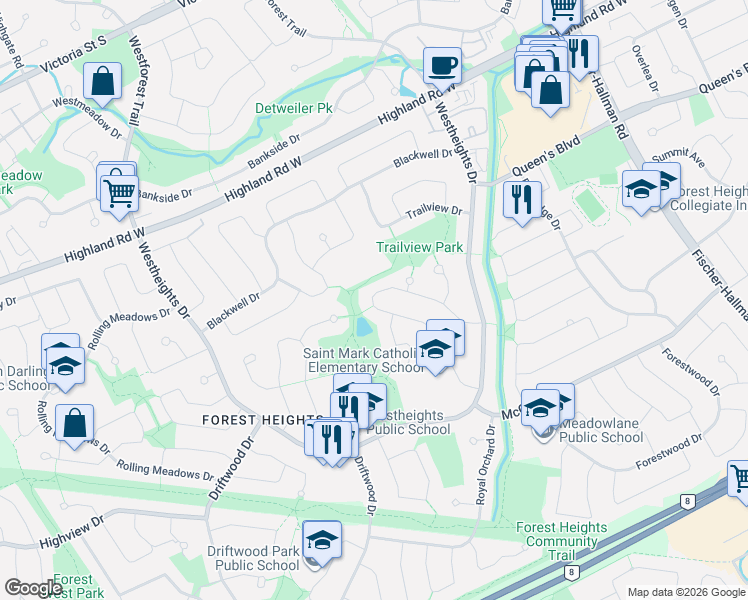 map of restaurants, bars, coffee shops, grocery stores, and more near 91 Autumn Hill Crescent in Kitchener