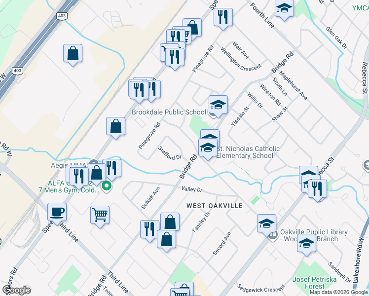 map of restaurants, bars, coffee shops, grocery stores, and more near 521 Sandbrook Road in Oakville