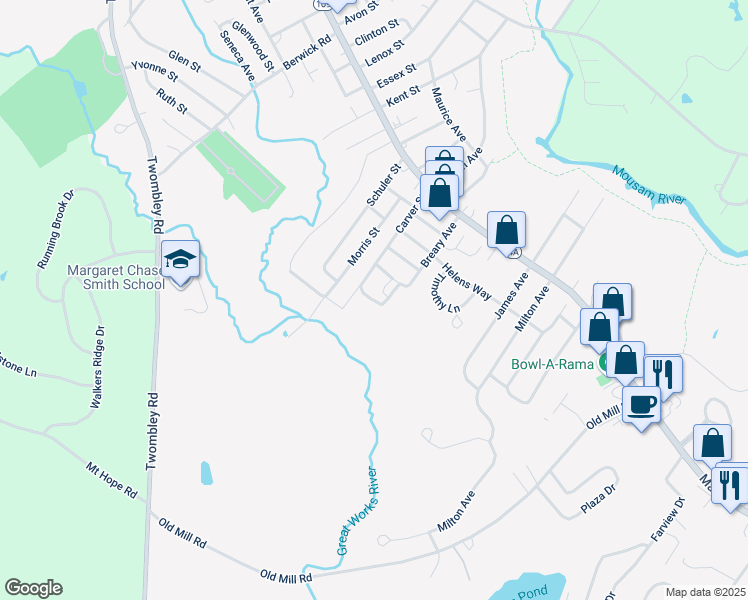 map of restaurants, bars, coffee shops, grocery stores, and more near 22 Timber Ridge Avenue in Sanford