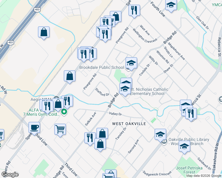 map of restaurants, bars, coffee shops, grocery stores, and more near 518 Warminster Drive in Oakville