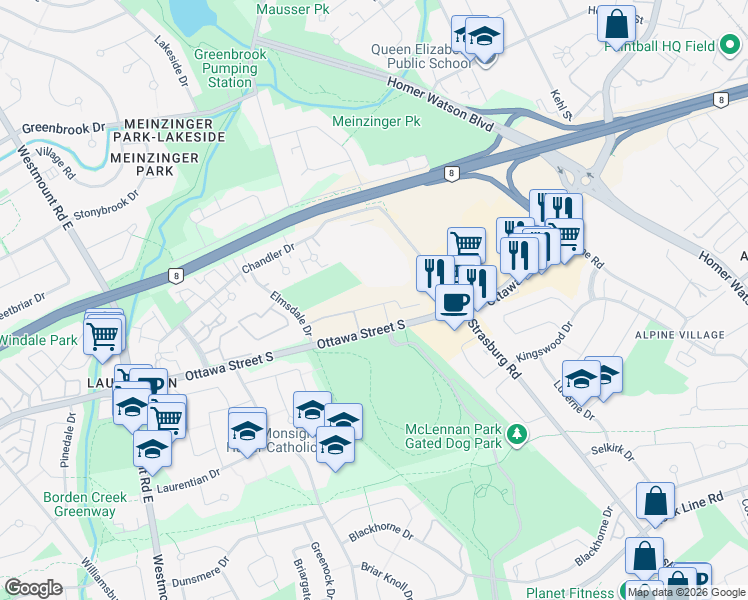 map of restaurants, bars, coffee shops, grocery stores, and more near 25 Palace Street in Kitchener
