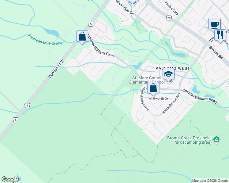 map of restaurants, bars, coffee shops, grocery stores, and more near Liptay Avenue in Oakville