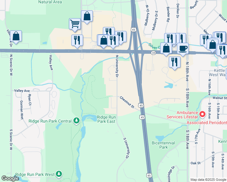 map of restaurants, bars, coffee shops, grocery stores, and more near 106 North University Drive in West Bend
