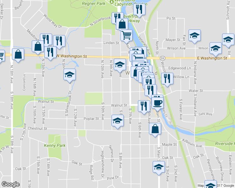 map of restaurants, bars, coffee shops, grocery stores, and more near 104 South 8th Avenue in West Bend
