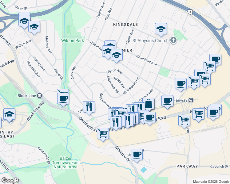 map of restaurants, bars, coffee shops, grocery stores, and more near 55 Maywood Road in Kitchener