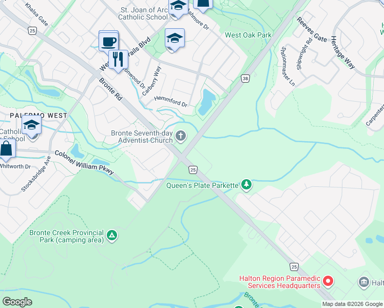 map of restaurants, bars, coffee shops, grocery stores, and more near 2530 Upper Middle Road West in Oakville