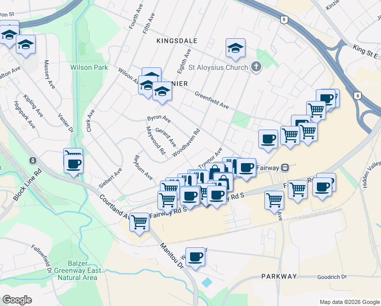 map of restaurants, bars, coffee shops, grocery stores, and more near 54 Belwood Crescent in Kitchener
