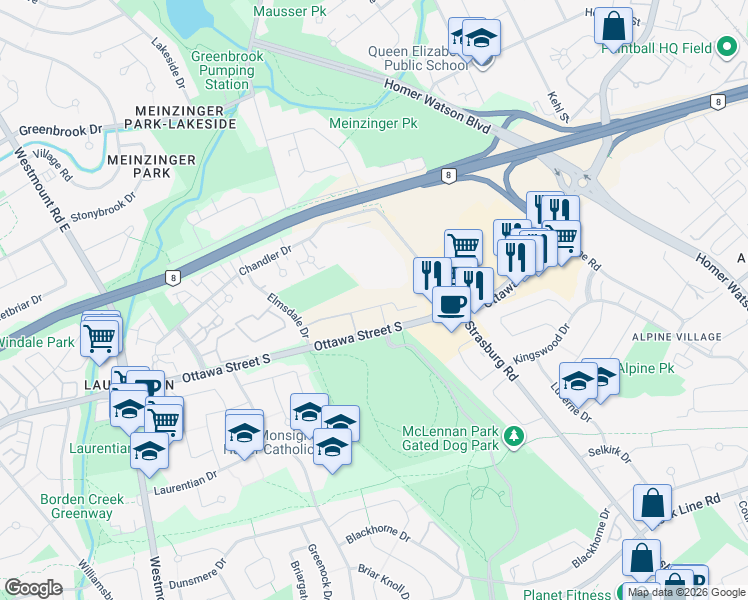 map of restaurants, bars, coffee shops, grocery stores, and more near 800 Ottawa Street South in Kitchener