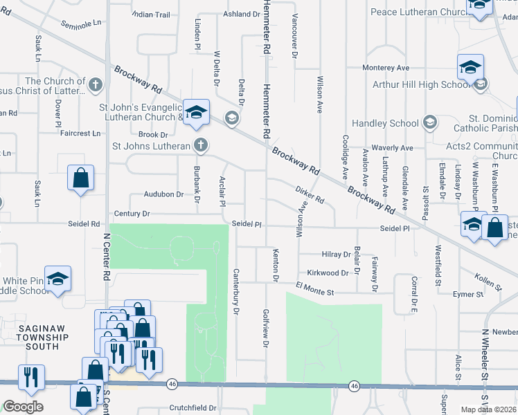 map of restaurants, bars, coffee shops, grocery stores, and more near 1080 Sherbrooke Place in Saginaw