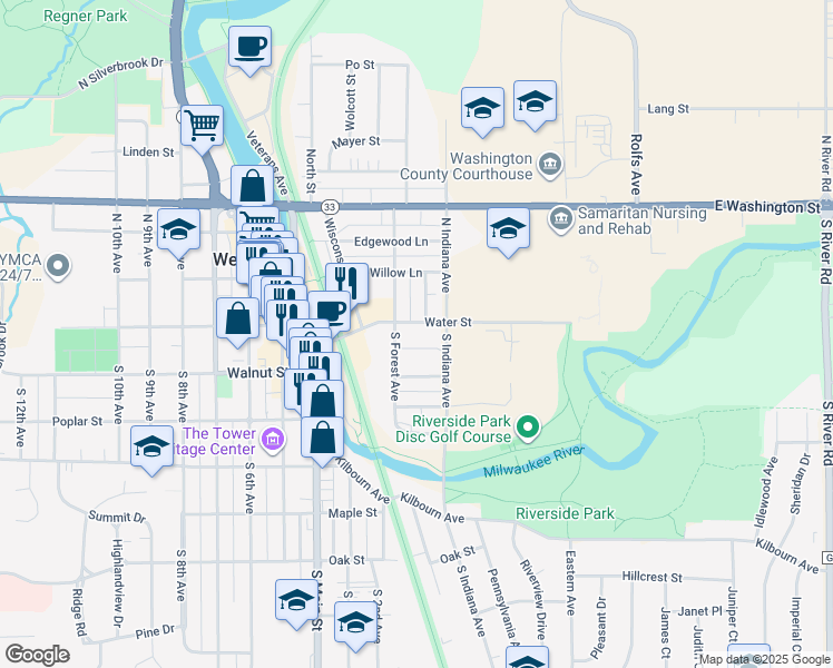 map of restaurants, bars, coffee shops, grocery stores, and more near 102 East Avenue in West Bend