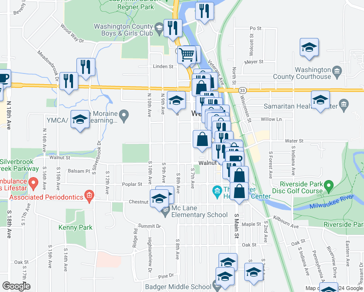 map of restaurants, bars, coffee shops, grocery stores, and more near 104 South 8th Avenue in West Bend