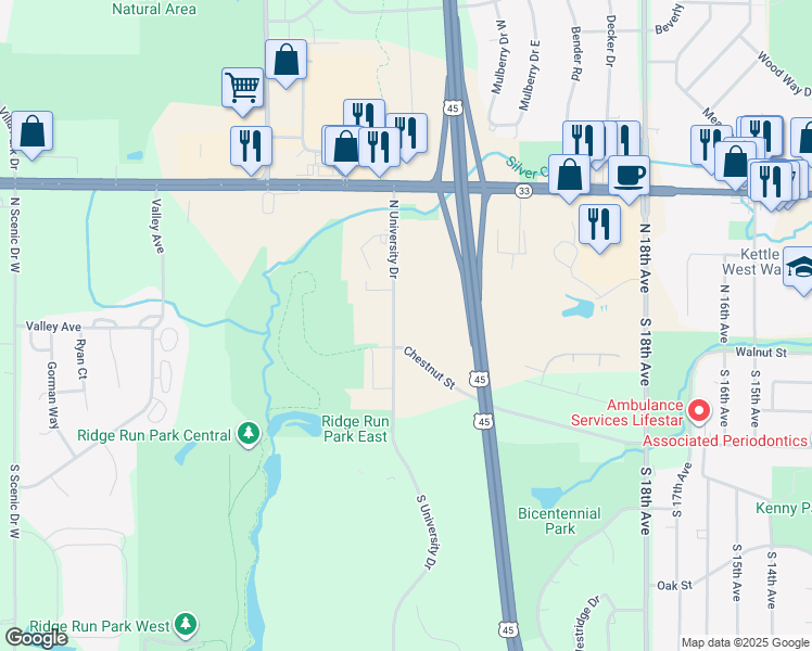 map of restaurants, bars, coffee shops, grocery stores, and more near 105 North University Drive in West Bend