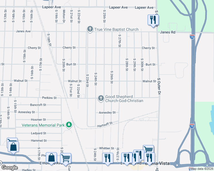 map of restaurants, bars, coffee shops, grocery stores, and more near 606 South 25th Street in Saginaw