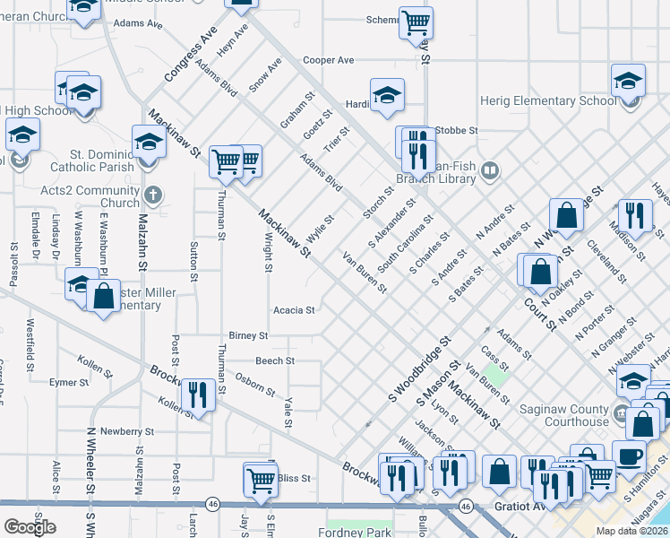 map of restaurants, bars, coffee shops, grocery stores, and more near 1903 Van Buren Street in Saginaw
