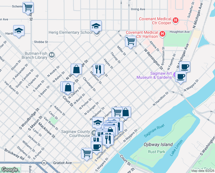 map of restaurants, bars, coffee shops, grocery stores, and more near 507 North Porter Street in Saginaw