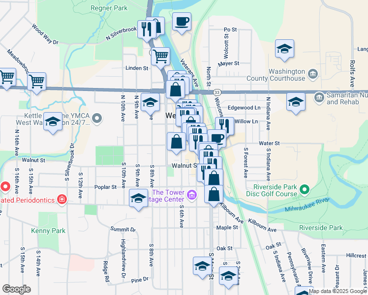 map of restaurants, bars, coffee shops, grocery stores, and more near 120 North Main Street in West Bend